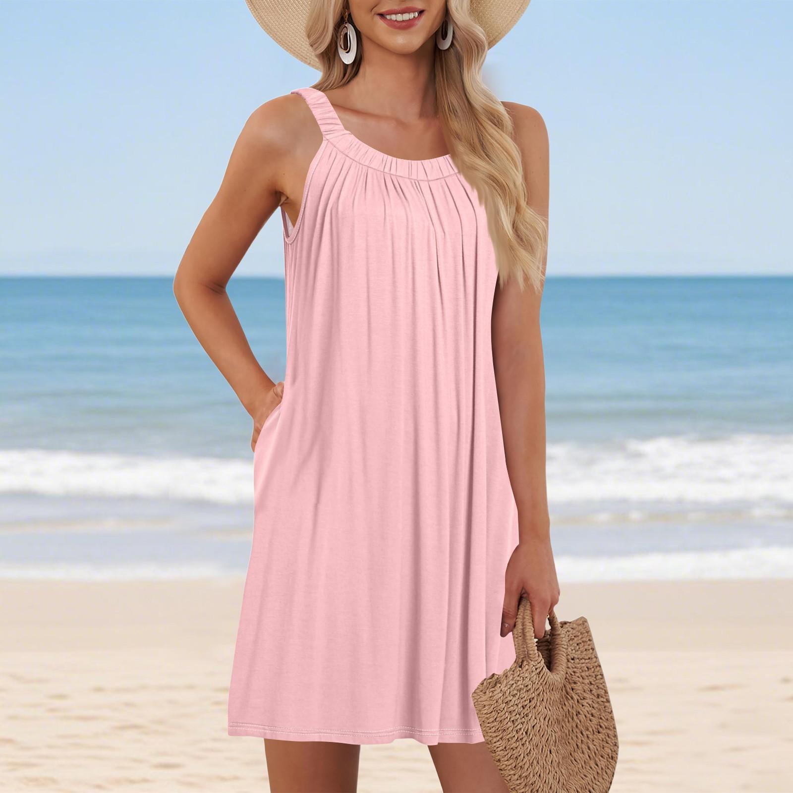 

Женский пляжный жилет, повседневное летнее платье с карманами и лямками, однотонное платье XL розовый