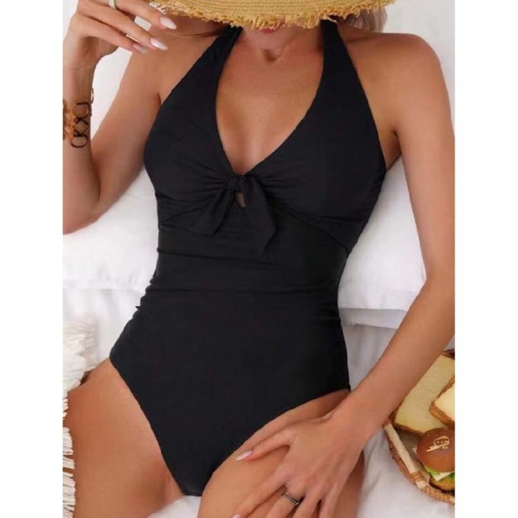 One Pieced Swimsuit for Women Breathable Swimwear Solid Color Contrasting Bathing Suit Beachwear Backless Design