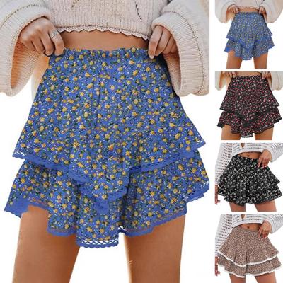 Women Cake Skirt High Waisted Double-Layered Ruffle Bohemian Mini Skirt with Elastic
