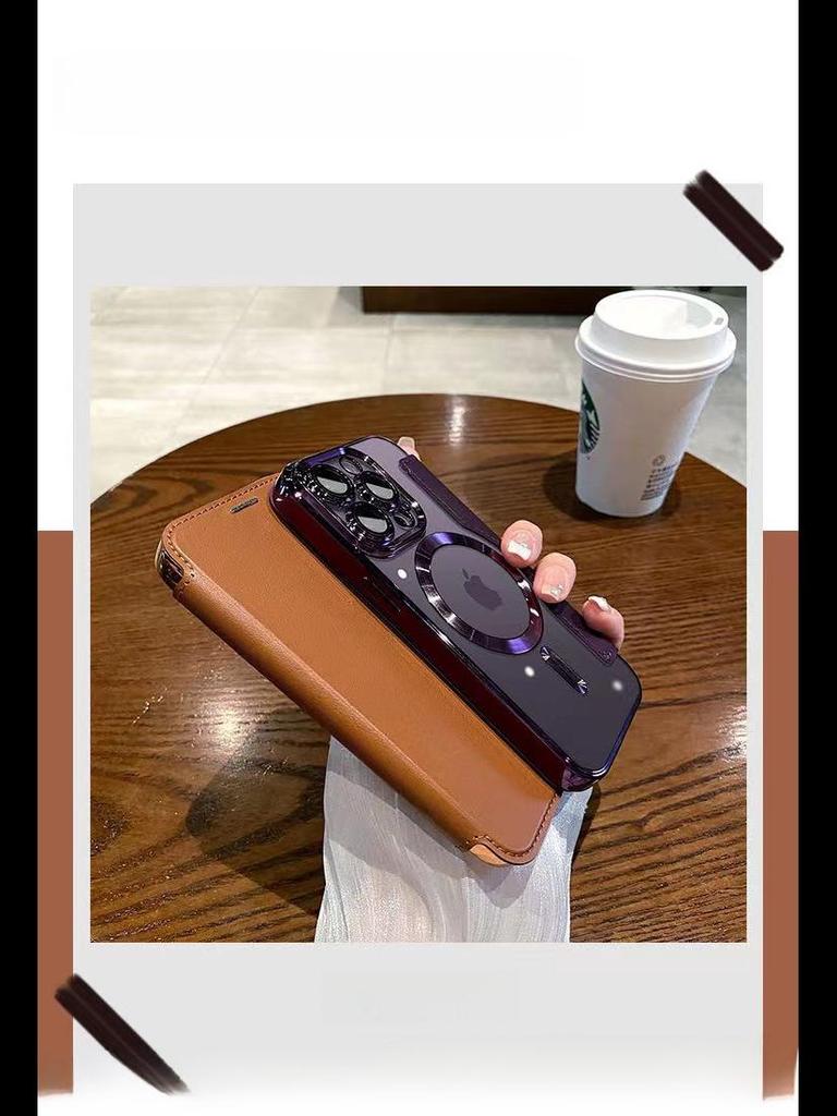 "iPhone 16 Flip Leather Case for Apple 15 Pro Max: Magnetic, Electroplated, Anti-Fall Design for SE4"