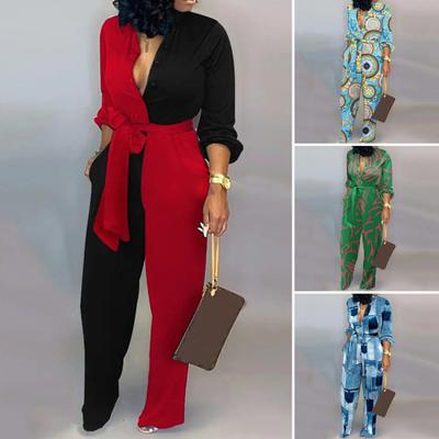Macacão feminino com decote em V, manga comprida, cintura alta, botões, meia carcela, bolsos, outono, estampa abstrata, frente, cinto