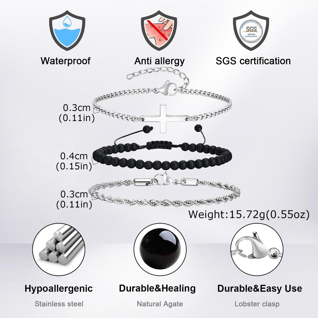 3pcs Stylsh Cross Men's Bracelet,Punk Stainless Steel Stacked Chain Link Wristband,Birthday Father's Day Gift for Him