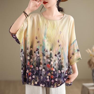Loose Plus Size Blouses Summer Hemp Cotton Ethnic Style Bat Sleeves Korean Round Neck T-shirt for Women
