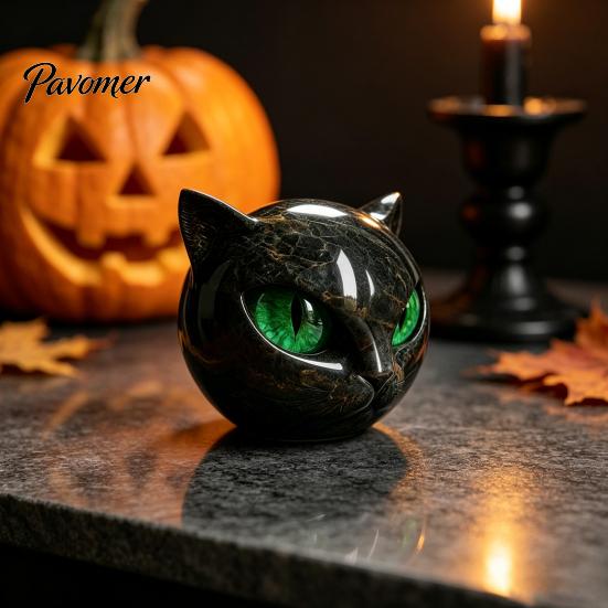 Small Statue for Bookshelf Spherical Black Cat Head Ornament, Resin Gothic Style Sculpture with Colorful Figurine Eyes Halloween Tabletop Decor