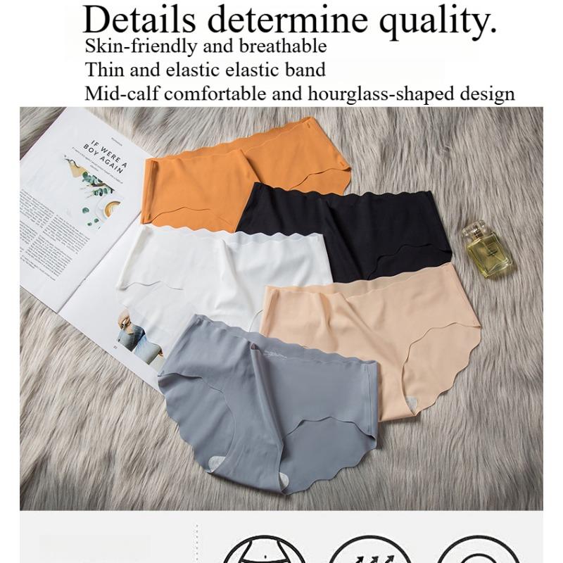 5PCS ice silk seamless ultra-thin wavy girls' underwear, solid color breathable large size low waist one-piece women's briefs