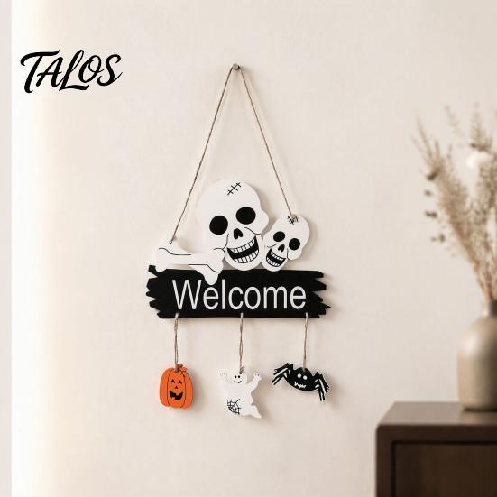 Halloween Ornament for Window Welcome Door Hanging Sign, 3D Layered Pumpkin Skull Spider Plaque, Theme Sign Wooden Front Porch Wall Decor Home