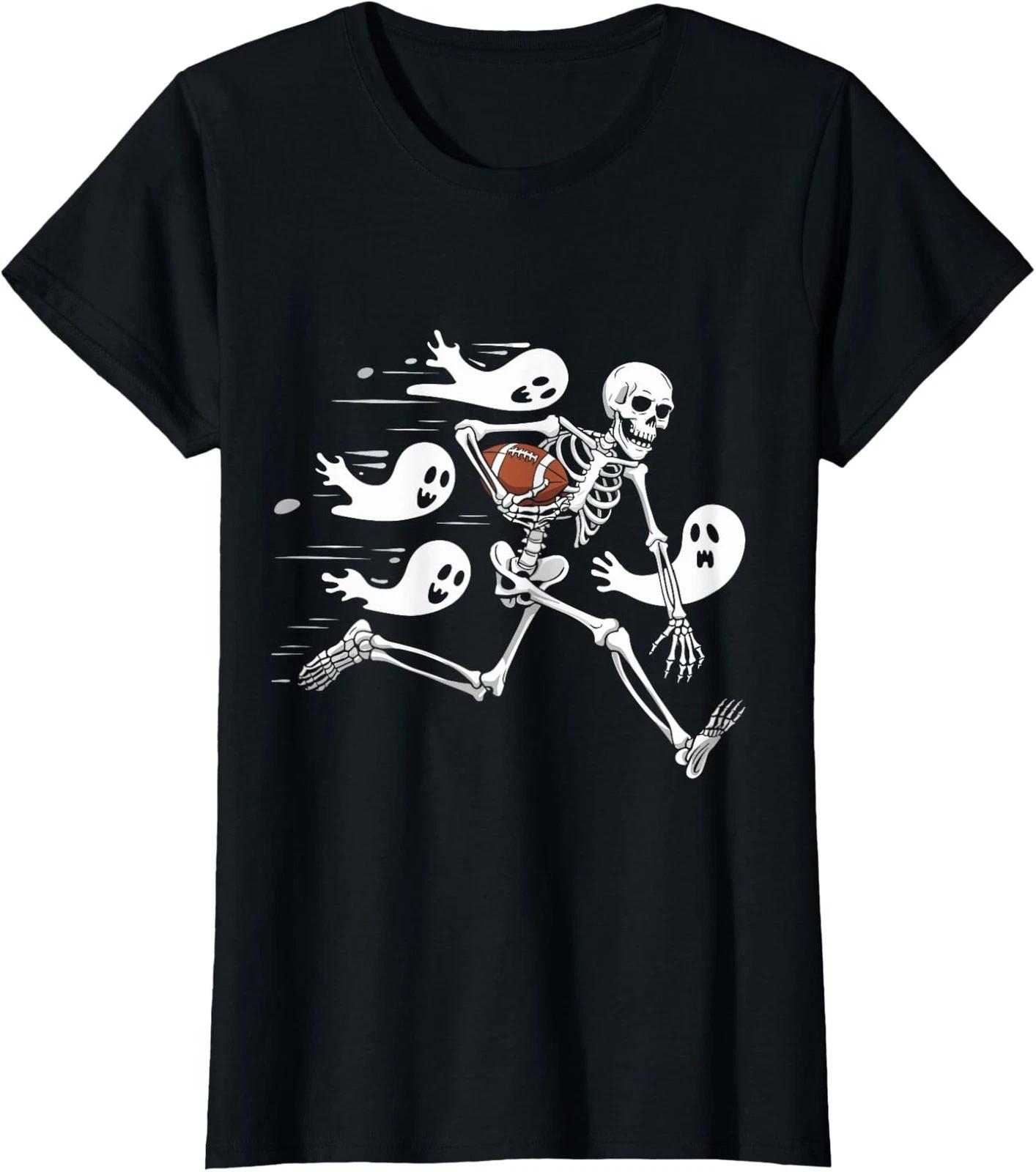 Skeleton Playing Football Lovers Spooky Halloween Ladies  Crewneck T-Shirt S