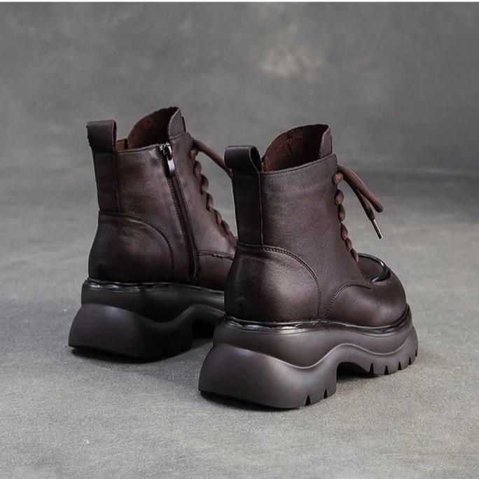 Johnature Genuine Leather Thick Soled Ankle Boots Retro Round Toe Side Zipper Women's Short Boots