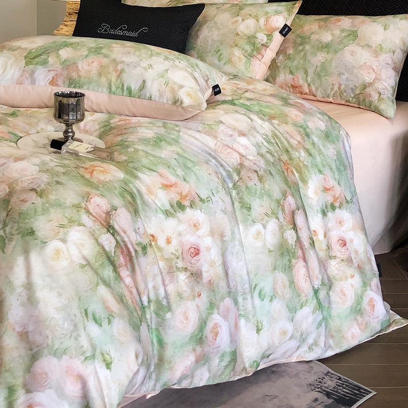 French Pastoral Oil Painting Style 100S Pure Cotton Satin Long-Staple Cotton Four-Piece Digital Printing Bedding