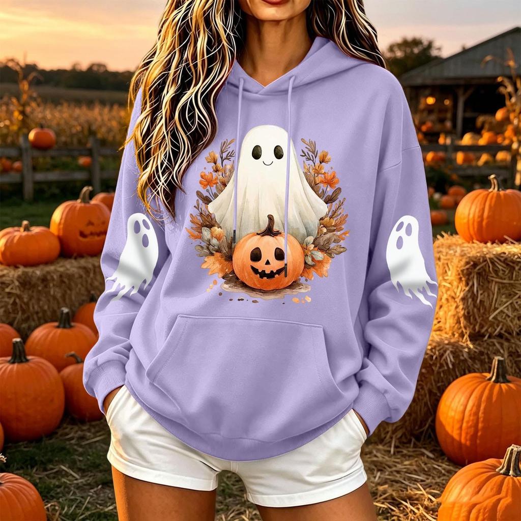 Women's Casual Long Sleeve Loose Fit Pullover Hoodie with Halloween Print