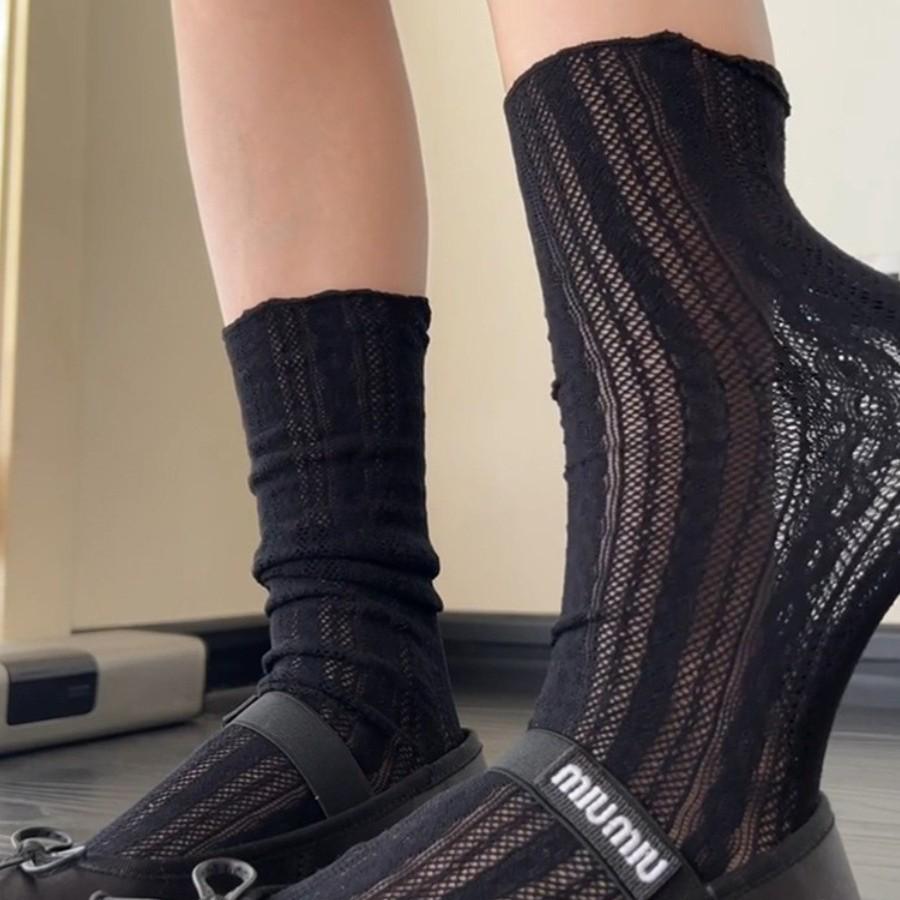 Women's Summer Fishnet Lolita Stockings & Mary Jane Ballet-Style Openwork Cable Knit Socks