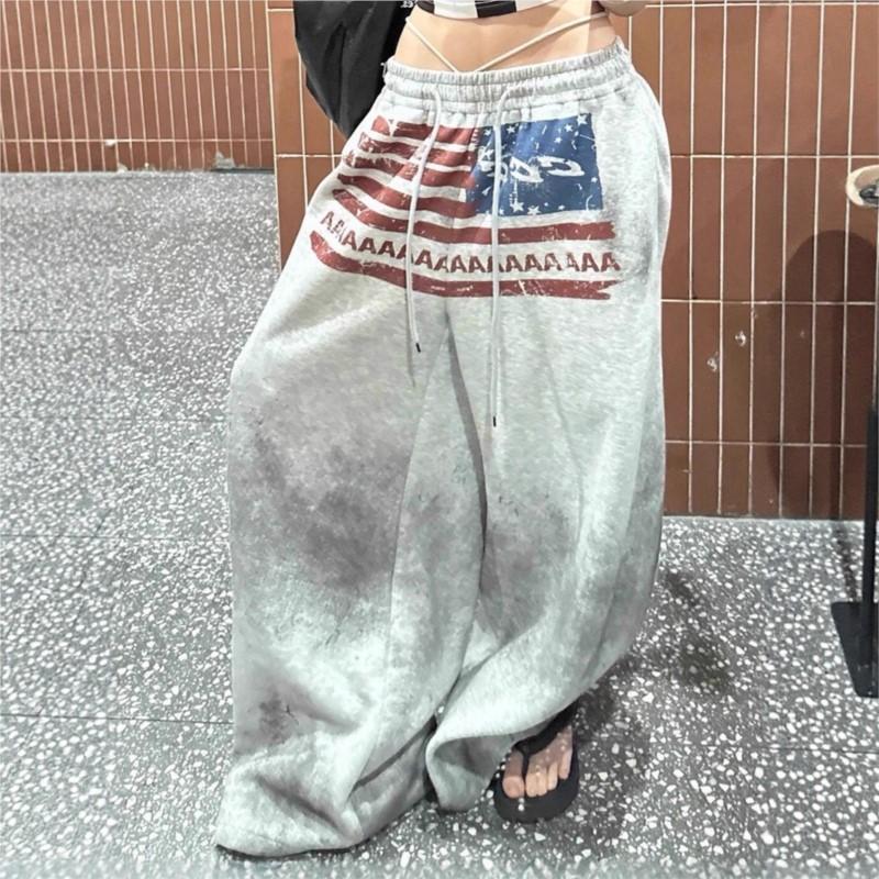VIONA Y2K College American Hip-hop Goth Print Drawstring Wide Leg Sweatpants Loose 90s High Street Sports Trousers Floor Length Pants