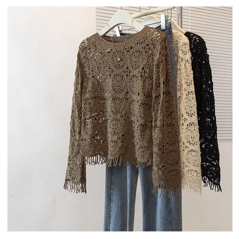 Suéter Top Crochê Vazado de Cor Sólida Elegante com Manga Longa Moda Gola Redonda Retrô Pulôver de Outono