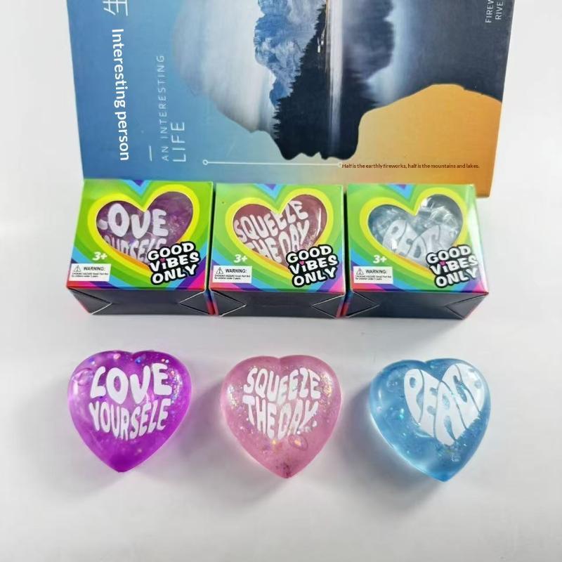 Glitter Heart Shaped Squeeze Toys With Positive Quotes Soft Touch For Kids Adults Relaxation Party Favors