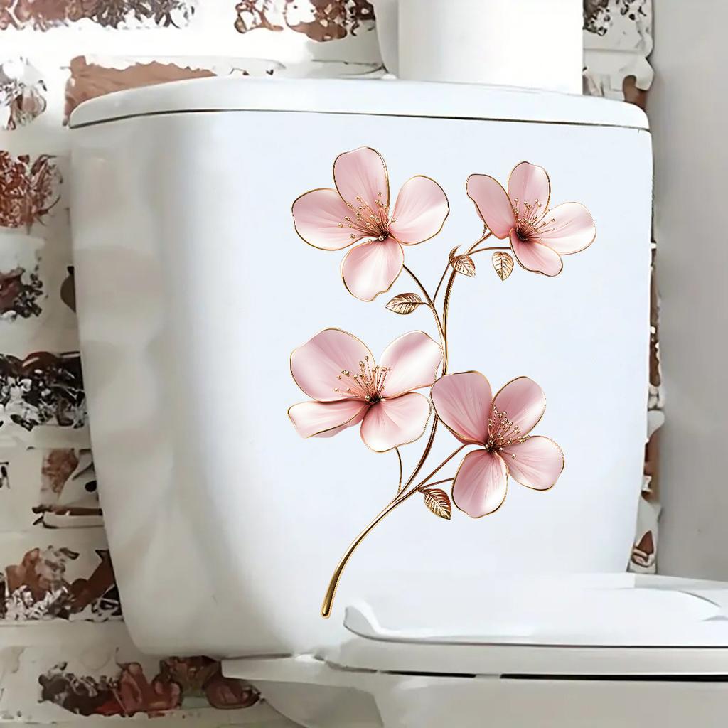 Light Luxury Style Golden-edge Pink Flower Toilet Stickers, Bathroom Wall Decorative Stickers