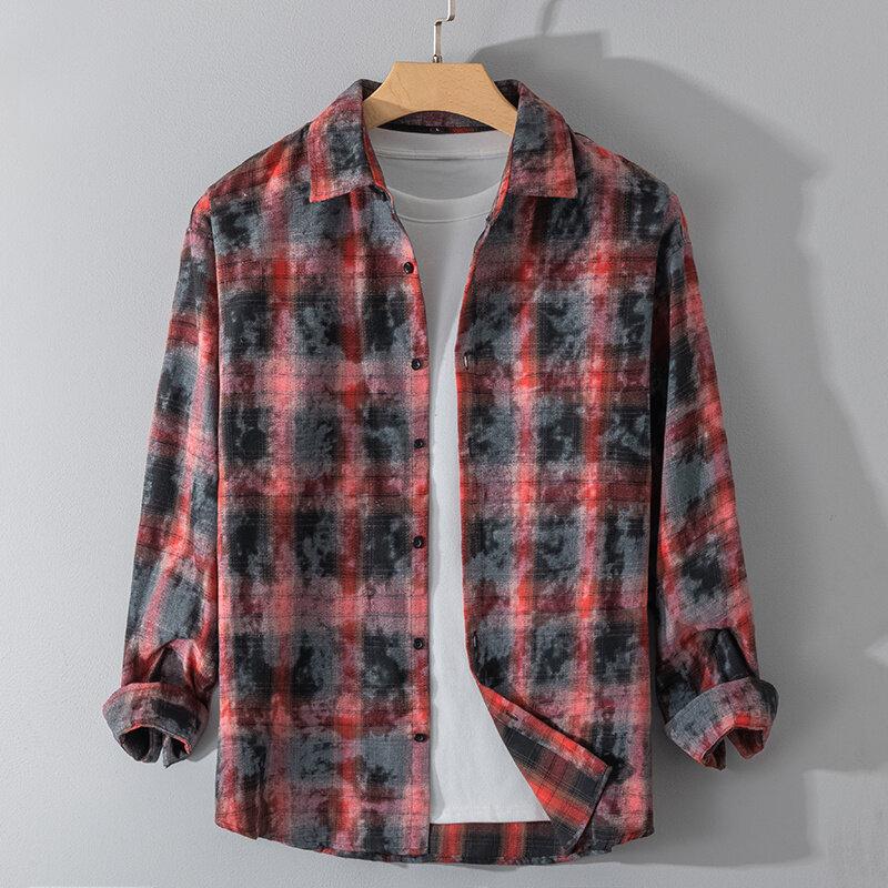 New Men's Fabric Tie-dyed Personality Fashion Trend Neutral Long-sleeved Plaid Shirt Jacket
