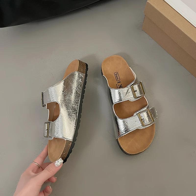 Fashion Fashion Cork Women Sandals New Soft Sole Suede Mules Slippers with Arch Support House Open Toe Flats Outdoor Beach Slide Shoes