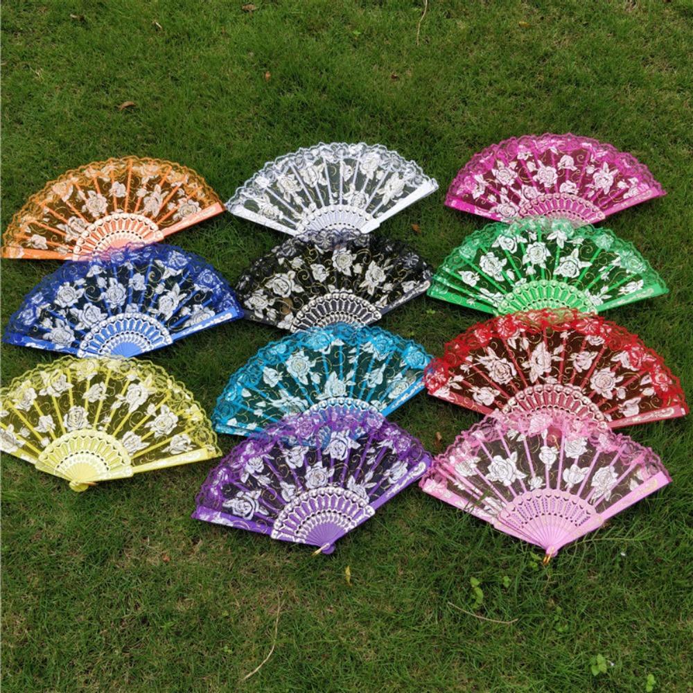 Handheld Ladies Lace Hand Fan Plastic Handle Dance Fan Craft Folding Fan  Summer
