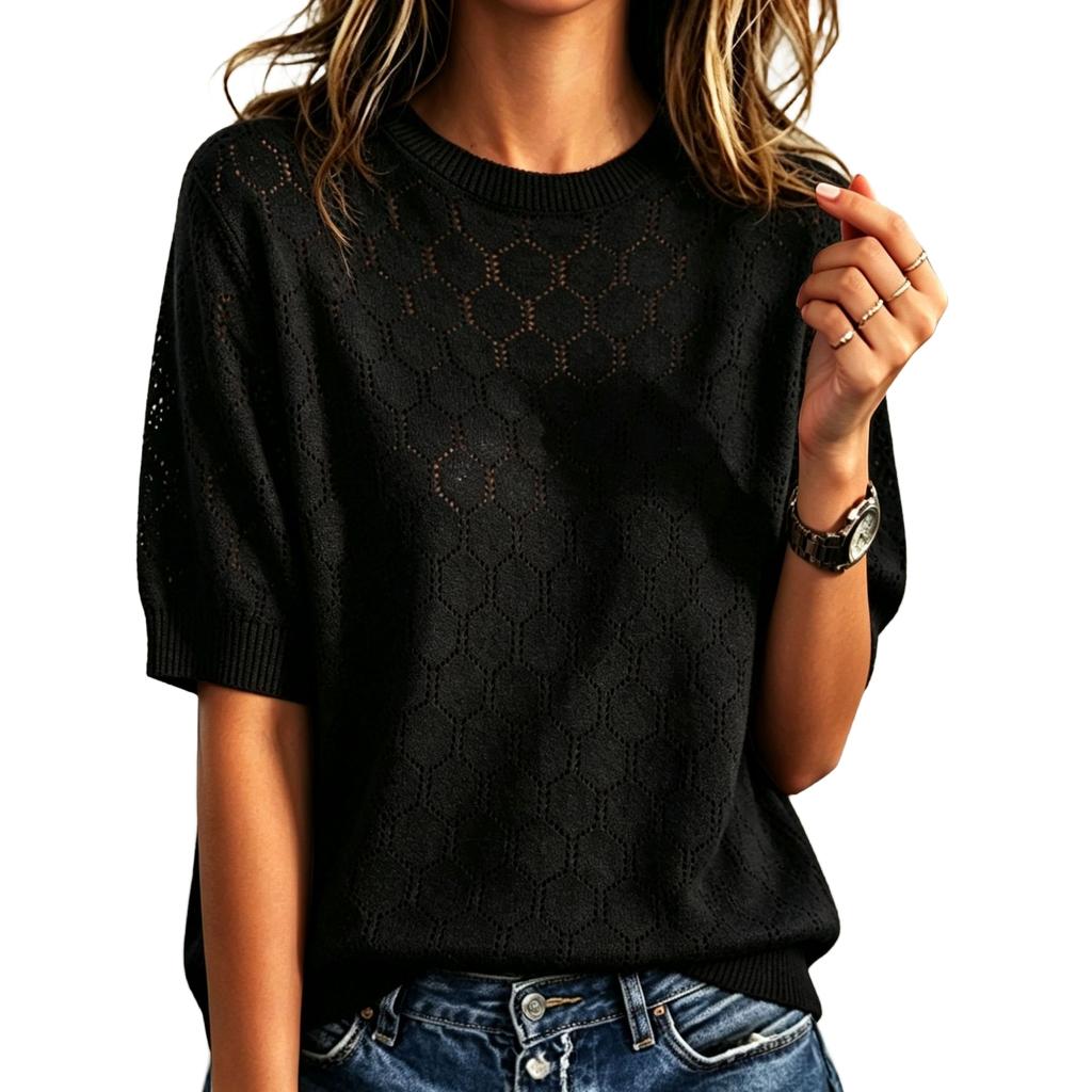 Maglione da Donna a Maniche Corte con Scollo e Lavorazione a Intreccio Maglia Colorata per Uso Casual