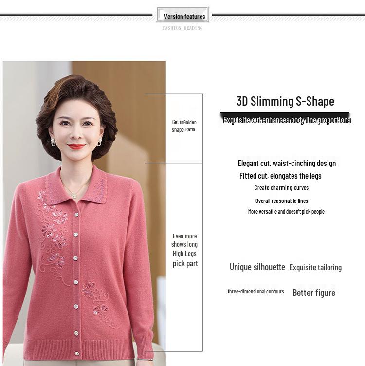 Luxury 100% Pure Wool Embroidered Cardigan for Mothers and Grandmothers - Mid-aged & Elderly Women's Lapel Sweater