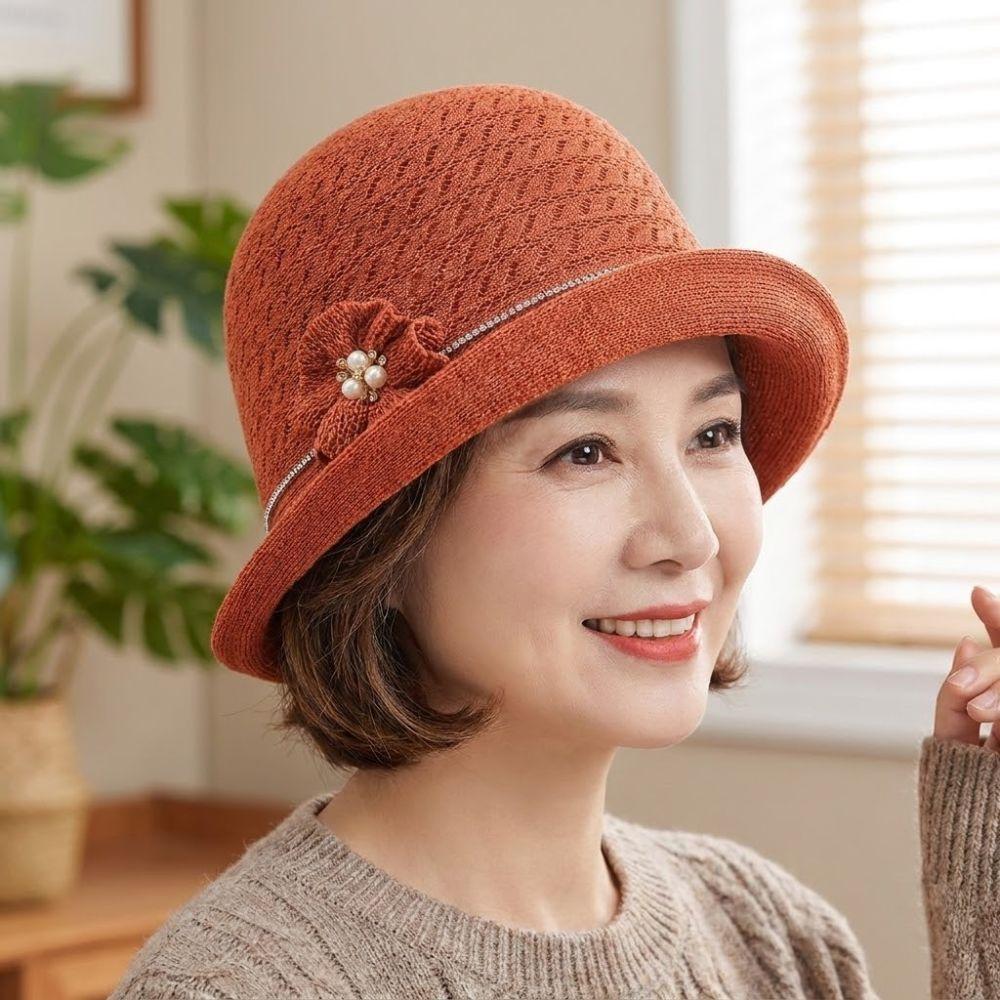 Round-Top Sun Hat Polyester Bucket Hat High-End Hepburn-Style Middle-aged Mother Hat Vacation