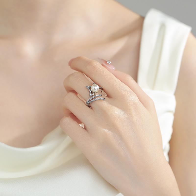 2026 Open Pearl Ring Women's Micro Inlaid with Diamonds Niche High-end Star Ring Jewelry Accessories Empty Holder