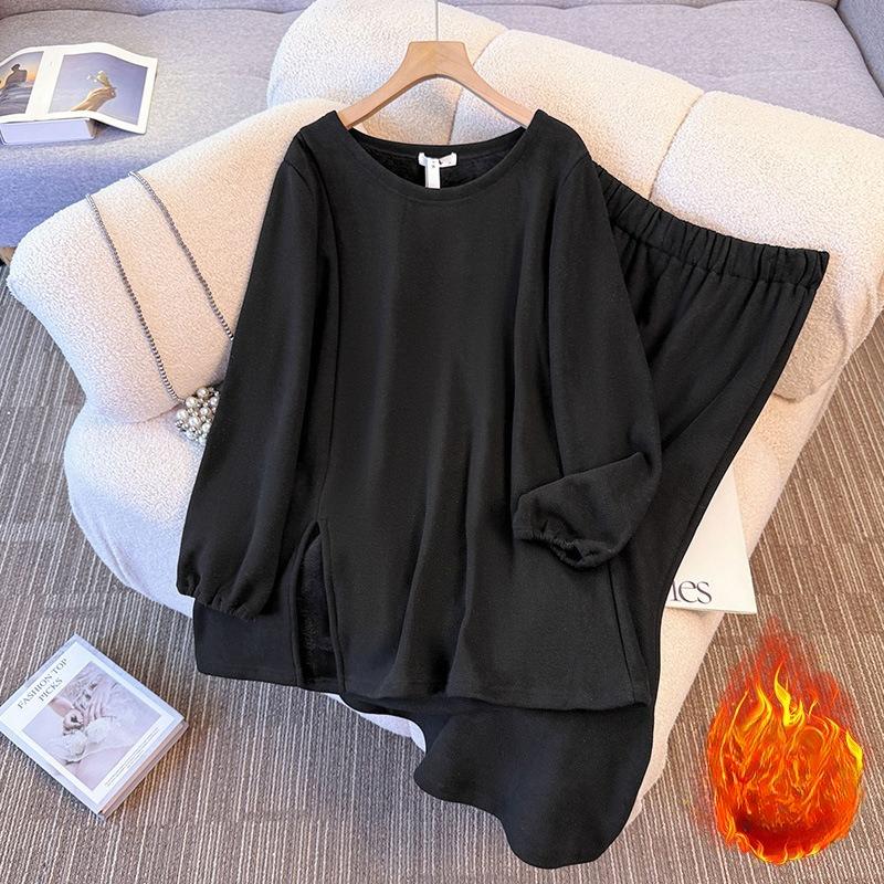 

A Two-piece Set of Simple Solid-color Round-neck Tops and Skirts for Plus-size Women s Autumn and Winter 2XL