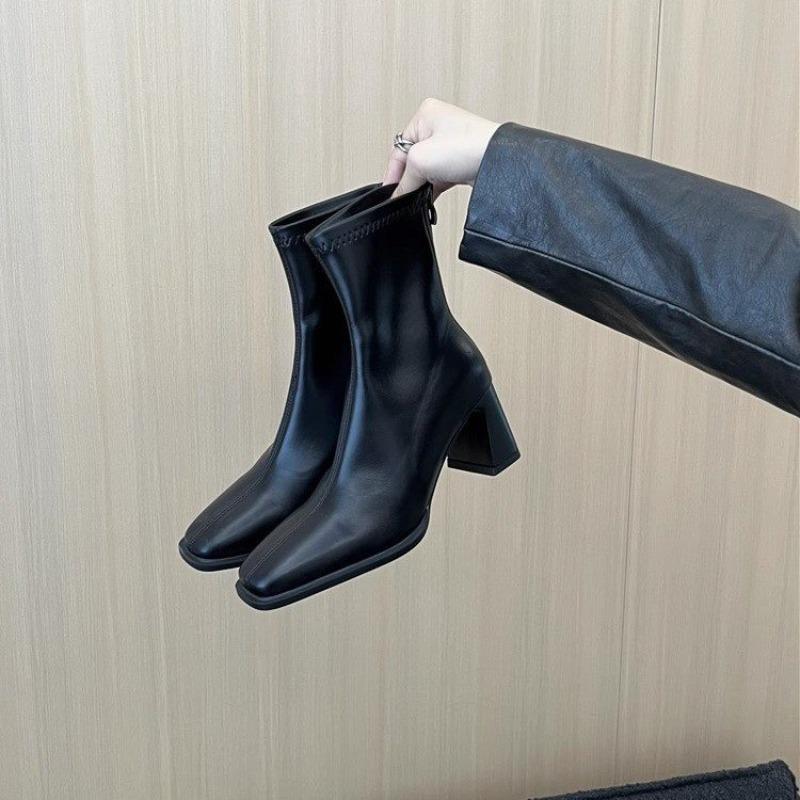 High Heel Skinny Boots Autumn New Square Toe Back Zipper Anti-slip Wear-resistant Block Heel Short Boots