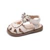 Beige Girls Sandals Embroidered Bow Non-slip Bun Head, Summer Outdoor PU Girls Fashion Sandals, Size 21-30 Sandalias De Mujer