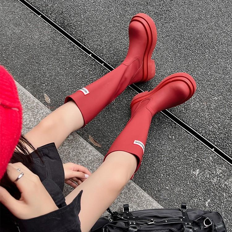 Soft leather version~ Red rain boots women's autumn round head thick-soled high knight boots but knee boots