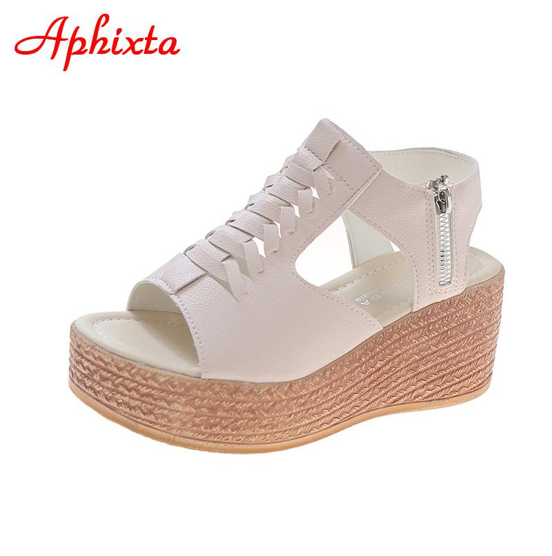 Fashion Aphixta Big Szie 43 Summer 7cm Wedge Heel Sandals Women Peep Toe Metal Zip Platform Shoes Cool Wedges Fashion Slides