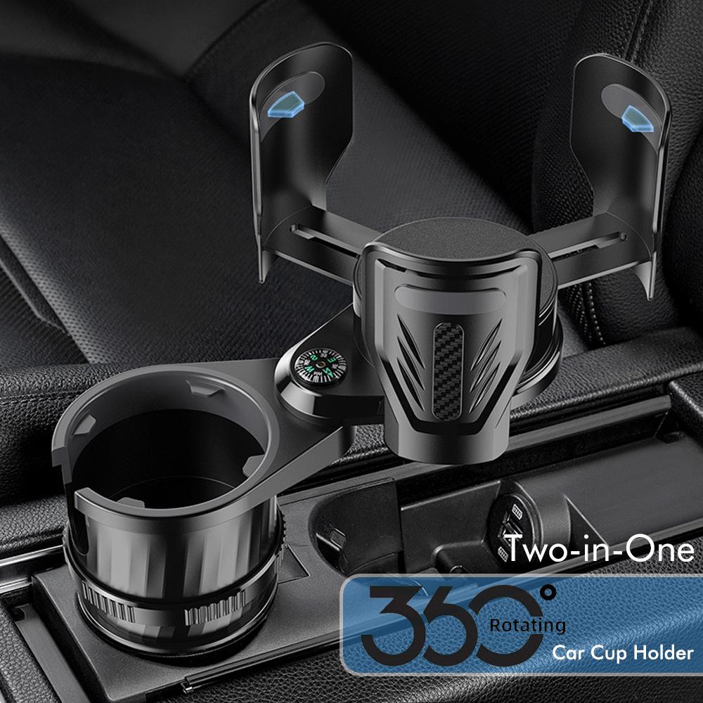 Multi-Functional Car Cup Holder with Beverage Rack and Instant Noodle Holder Features a Compass and Extendable Base
