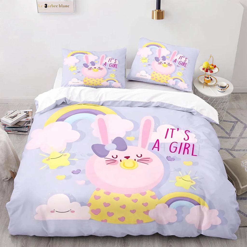 Rabbit Rainbow King Queen Duvet Cover Cartoon Animals For Children Boys Girls Easter Green Polyester Quilt Cover Bedroom Decor