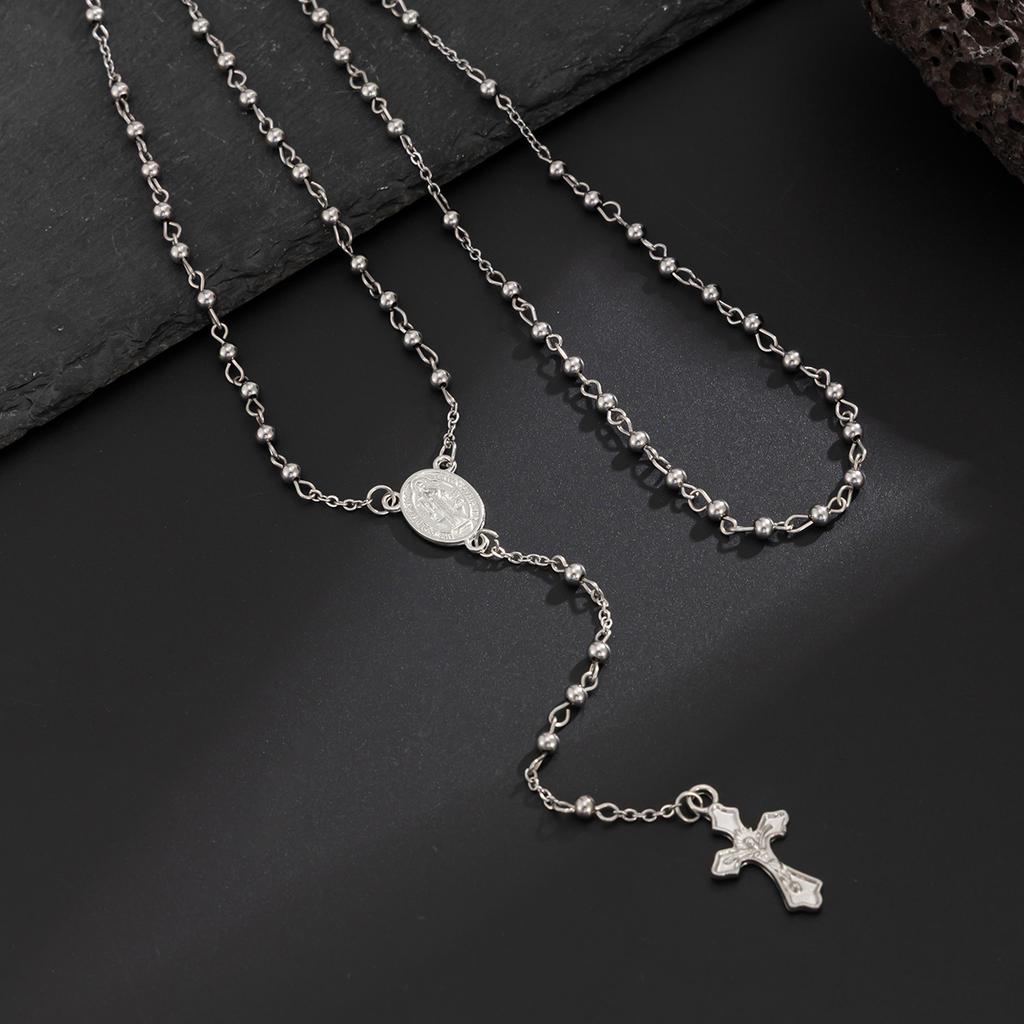 Salircon Hip Hop Punk 3 Styles Stainless Steel Beaded Chain Jesus Cross Pendant Necklace Men Christian Christ Long Chain Jewelry