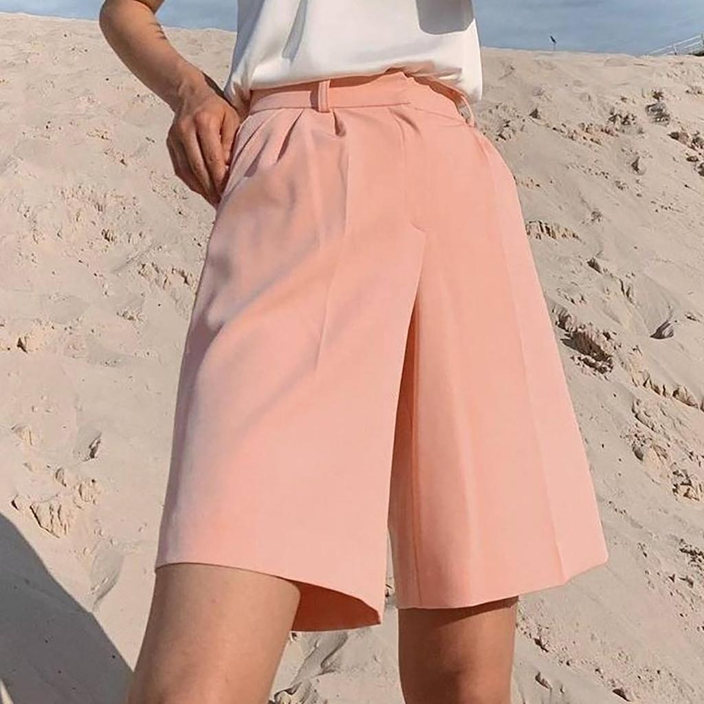 Women's Fashion Short Suit Pants Cuffed Buttons Pocket Zipper Solid Color Shorts