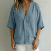 Women’s casual, loose-fit V-neck T-shirt for spring and summer – plain-coloured button-up top in linen