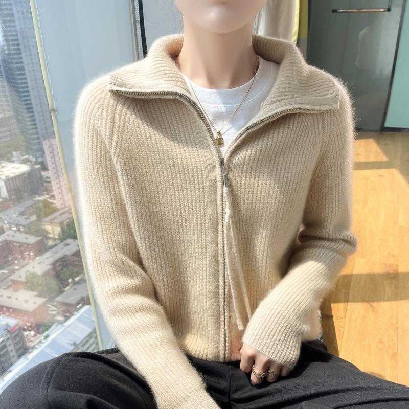 

24 осенне-зимний ленивый ветер водолазка женский вязаный кардиган женский дизайн на молнии нишевый отложной свитер-куртка S