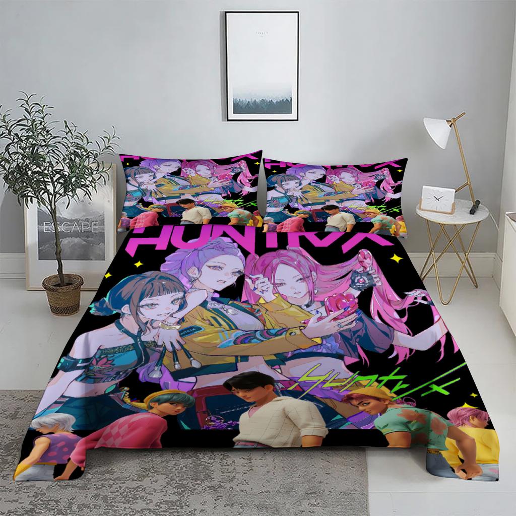 Huntrix, Rumi, Mira D-Dämonenjäger K-Pop Bettwäsche-Set 3D-bedrucktes Bettlaken mit Kissenbezug Bettwäsche King Queen Size