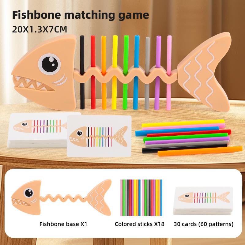 Fishbone Color Matching Game Montessori Inspired Kids Educational Toy Fine Motor Training 30 Flash Cards 18 Color Sticks