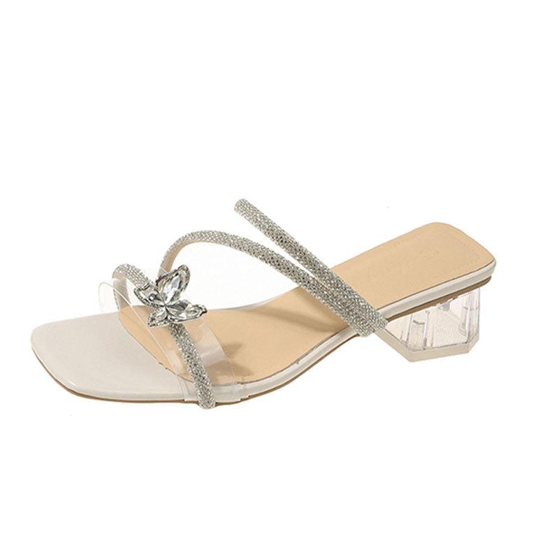 Rhinestone Slippers Women's Summer Wear 2025 Korean Version of the New Bow Crystal Thick Heel with Skirt One-word Cool Slippers