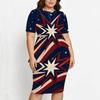 Women Plus Size White Star Printed Round Neck Short Sleeve Two Piece Set Asymmetric Top Pencil Skirt