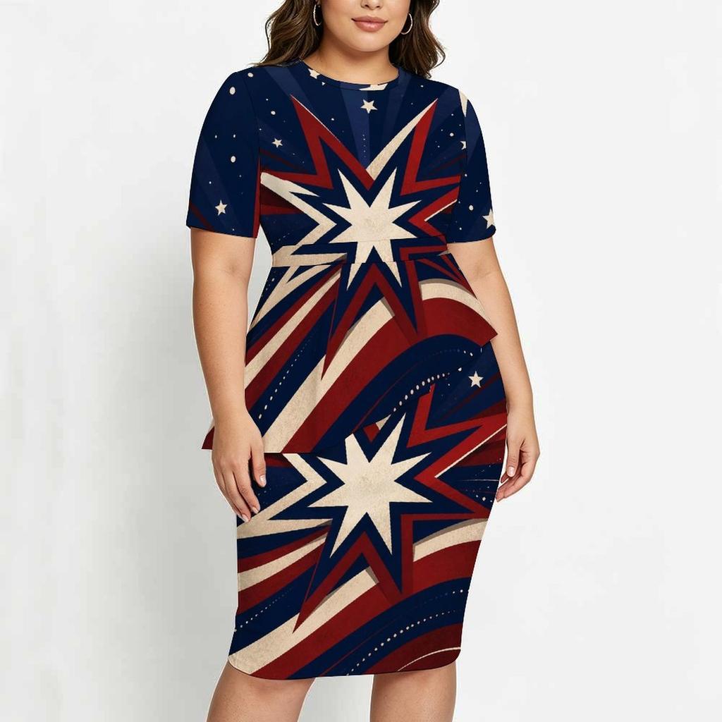 Women Plus Size White Star Printed Round Neck Short Sleeve Two Piece Set Asymmetric Top Pencil Skirt