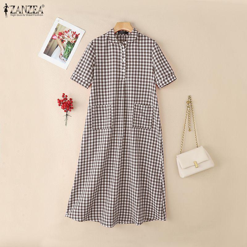 ZANZEA Damen Turn-Down-Kragen Kurzarm Lässiges kariertes Print-Kleid