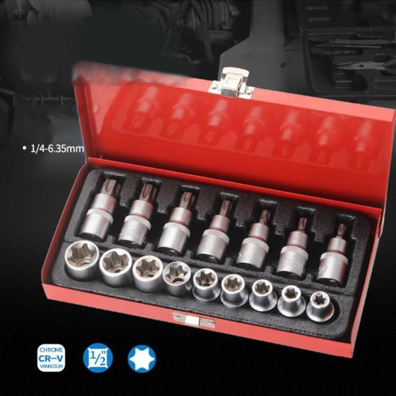Torx Bit Socket Set with for Case E10-E24 T30-T70 16 Pcs Steel Star Bit Set for Cr-V Steel 1/2-inch Drive Hand Repair To