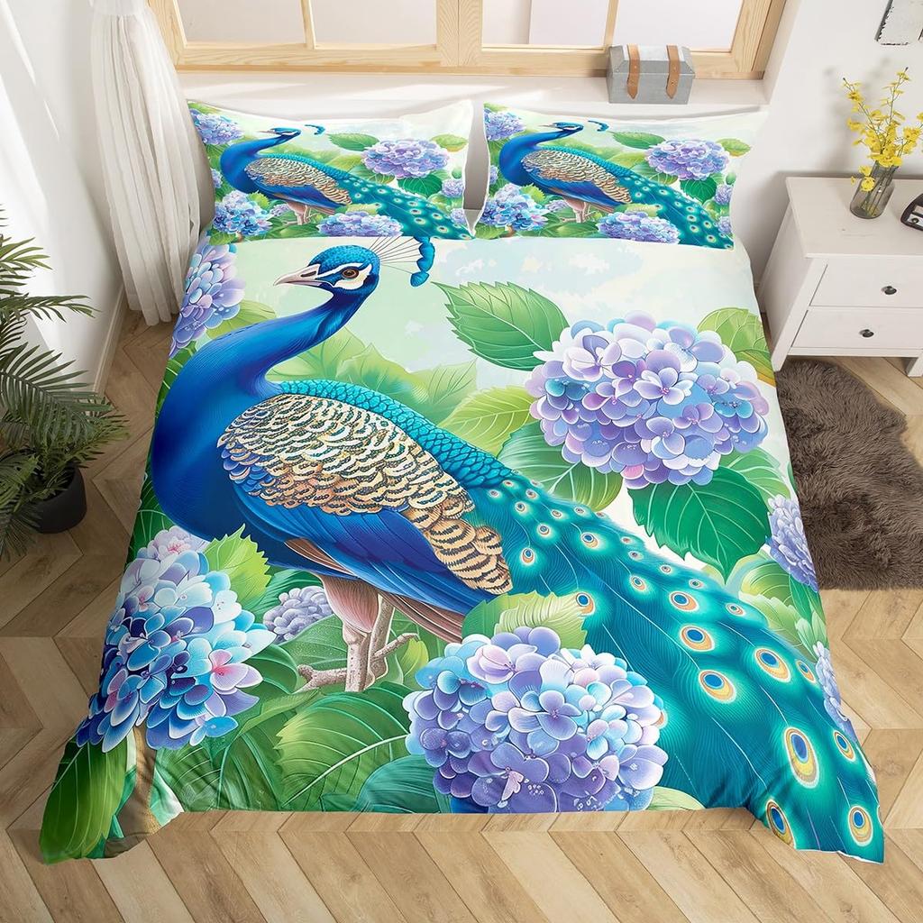 Peacock Duvet Cover Twin Full Queen King Chinese Style Peach Blossom Flowers Retro Bedding Set Wild Animal Print Comforter Cover