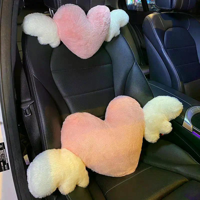 Lovely Pink Heart Angel Wing Car Neck Pillow Lumbar Pillow Soft Plush Comfortable Car Seat Cushion Car Seats Interior Decoration