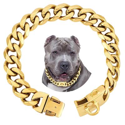 Forte Coleira de Metal Leve para Cães com Elo Cubano de Metal Forte de 19 mm de Largura, Coleira Dourada de Corrente para Cães Pequenos e Médios