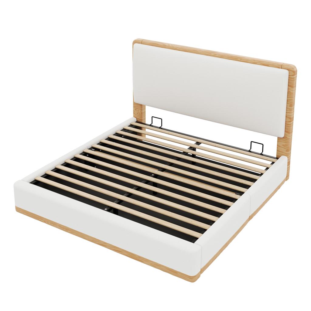 140x200 Upholstered Platform Bed with Hydraulic Storage Space under the Bed, White + Natural Wood Tones