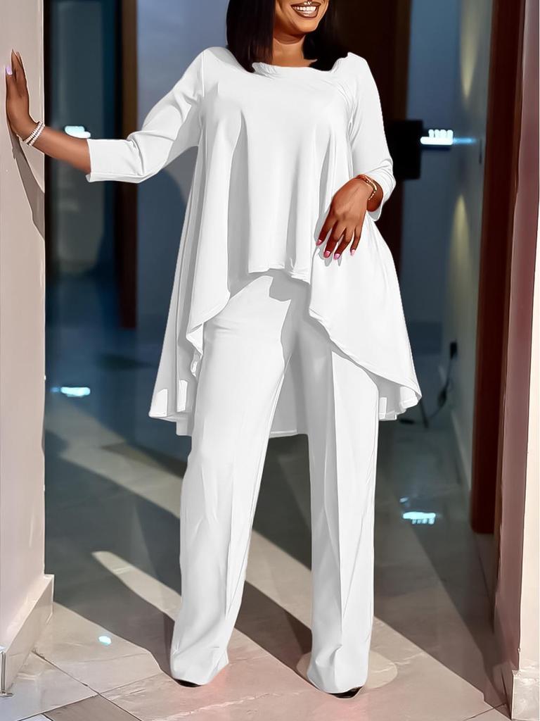 Women's Fashion European & American Style Plus Size Long-Sleeve Top & Wide-Leg Pants Set