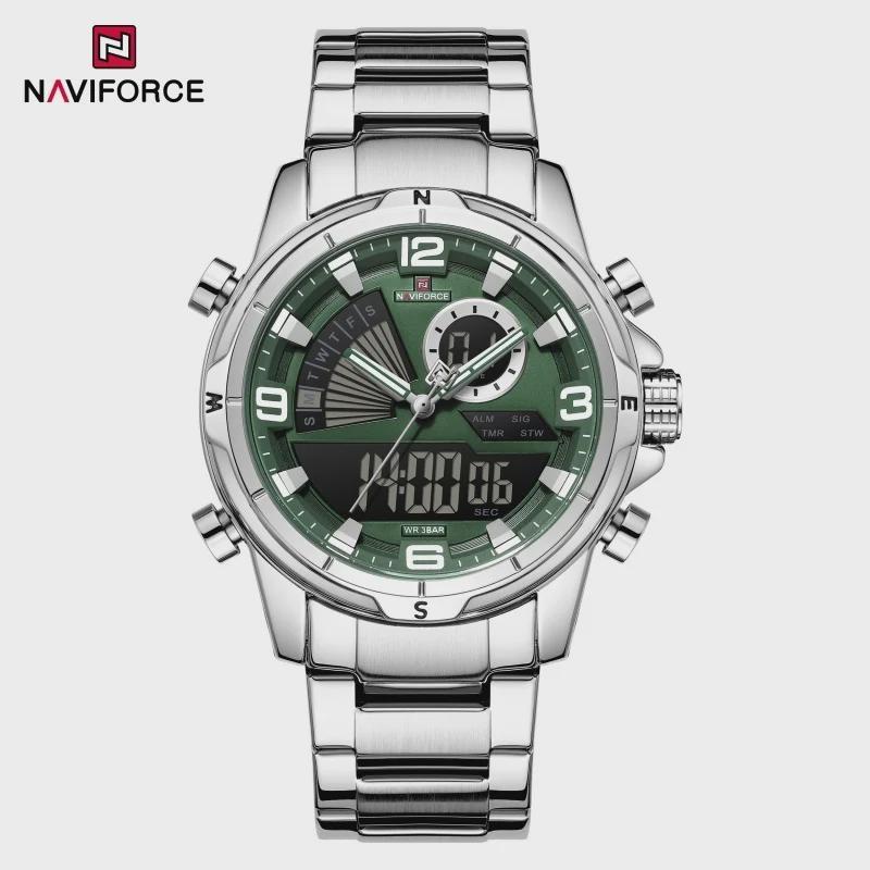 

Mens Multifunctional Double-Display Watches Date Stainless Steel Watchband LED Luminous Mode Waterproof Wrist Watch Silver strap зелёный